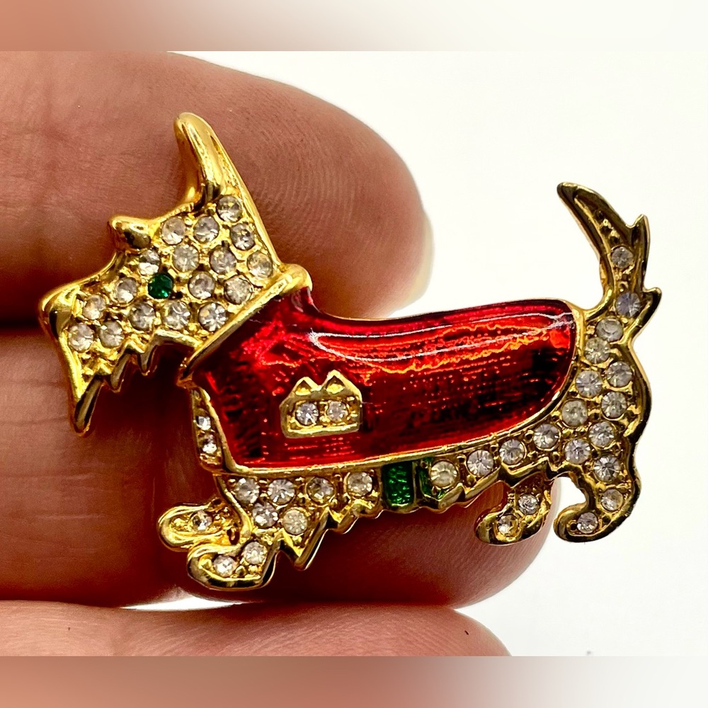3 for $30 Scottie Dog Brooch Gold Tone Red Enamel Crystals Scatter Pin - Picture 4 of 5
